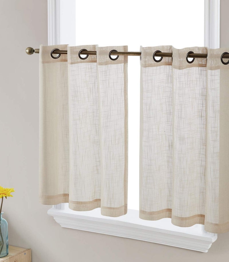 HLC.ME Abbey Faux Linen Textured Semi Sheer Privacy Light Filtering Transparent Grommet Short Thick Cafe Curtain Tiers for Small Windows, Kitchen & Basement, Set of 2 (35 W x 24 L, Beige) - Image 1